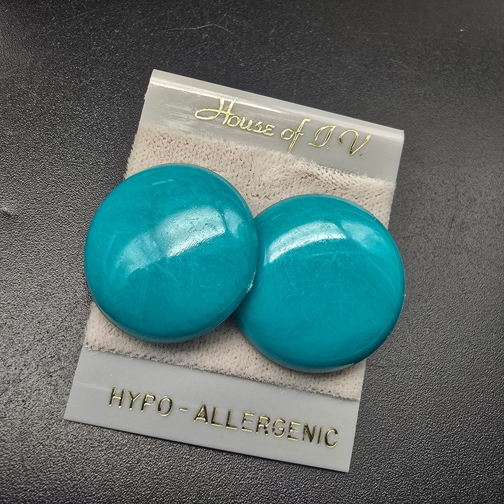 Teal Round Button Earrings Pierced Post NOS on Card House of J.V.